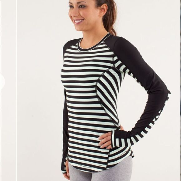 Lululemon Run: Reflect Long Sleeve Sea Stripe Mint Moment Black/Black - Picture 1 of 13